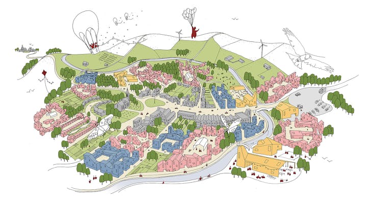 Dense village form reduces the amount of land take to a modest footprint. Image courtesy of VeloCity.