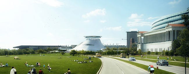 Wide-Angle View: Situated between McCormick Place and Soldier Field, the Lucas Museum of Narrative Art will expand public access to green space on Burnham Harbor. Image courtesy Lucas Museum of Narrative Art