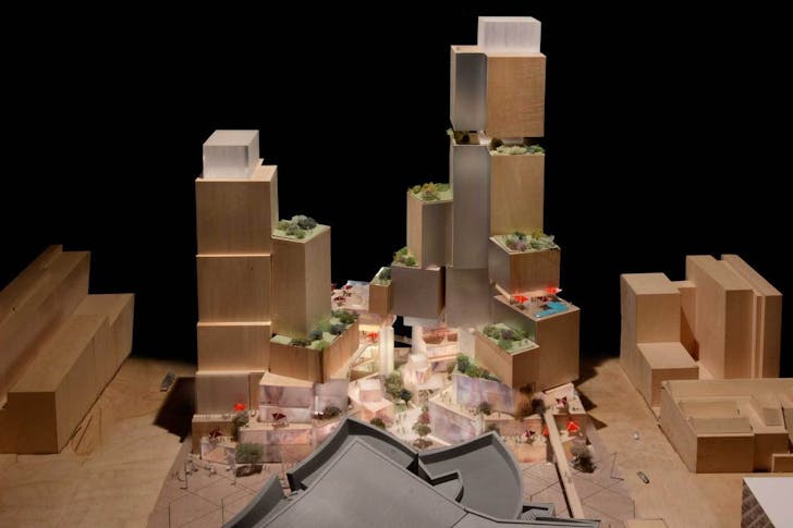 Model of Frank Gehry's 'Grand Avenue Project', with Disney Hall in the foreground. Image via Curbed LA.