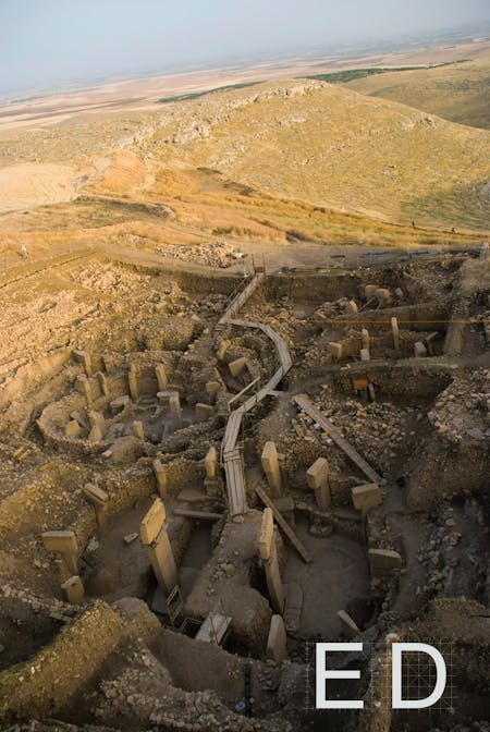 Main excavation area with monumental PPN A enclosures in the Göbekli Tepe archaeological site. Photograph by Nico Becker, courtesy of the Deutsches Archälogisches Institut.