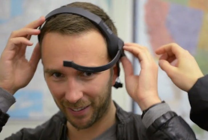 Participant in GSAPP Cloud Lab's DUMBO mapping project, wearing the NeuroSky Mind Wave EEG headset. Image via GSAPP Cloud Lab.