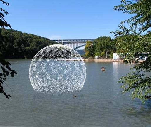 A rendering of the Harvest Dome floating in the Inwood Hill Park Inlet in New York City. The Dome was built to bring attention to NYC's waterways and watersheds.