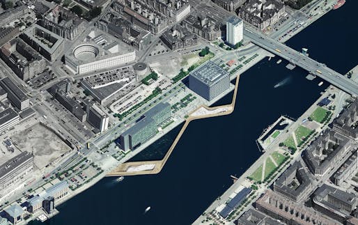 Aerial view scheme of the newly opened Copenhagen harbor front project Kalvebod Wave by KLAR and JDS/Julien de Smedt Architects with Sloth Møller and Niras Engineers