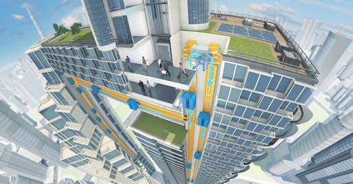 Schematic illustration of ThyssenKrupp’s cable-free MULTI elevator system which enables vertical and horizontal movement and promises to increase the shaft transport capacity "by up to 50% and making it possible to reduce the elevator footprint in buildings by half."