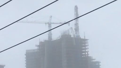Collapsed crane at a high-rise construcrion site in Miami on Sunday, September 10. Photo via <a href="https://twitter.com/LincolnOBarry/status/906954345266270208?ref_src=twsrc%5Etfw&ref_url=http%3A%2F%2Fwww.miamiherald.com%2Fnews%2Fweather%2Fhurricane%2Farticle172416297.html">@LincolnOBarry</a> on Twitter.