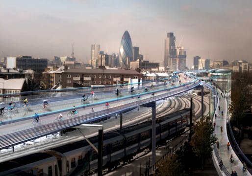 Skyride … How the proposed SkyCycle tracks could look. (Caption: The Guardian, Image: Foster and Partners)