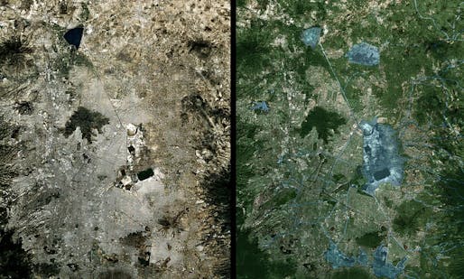 Cuenca del Valle de Mexico (‘the Basin of Mexico’) seen from the air, and, right, how it would look under the proposal to regenerate its lakes and reforest the area. Photograph: Taller de Arquitectura X