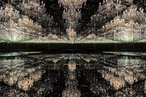 Yayoi Kusama, Chandelier of Grief, 2016. Steel, alumunium, one-way mirror, acrylic, chandelier, motor, plastic, LED. Image via victoria-miro.com.