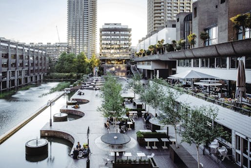 Lakeside terrace at the Barbican Centre in London. A new competition seeking to revamp the aging complex is now accepting submissions (details below). Photo: Max Colson, image courtesy Barbican Centre.