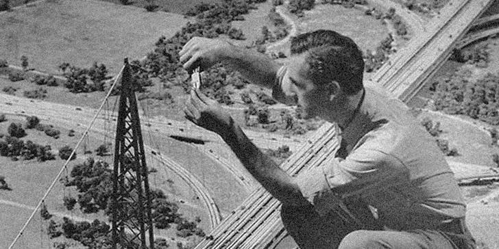 Worker constructing Futurama model bridge, ca. 1939. Richard Garrison ©Edith Lutyens & Norman Bel Geddes Foundation / Harry Ransom Center