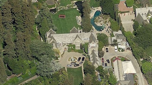 About to take home that $1.3B lottery jackpot this week? Here's a nice LA starter home. It's got a swimming pool with a grotto that could tell stories. (Aerial photo: Bing; Image via variety.com)