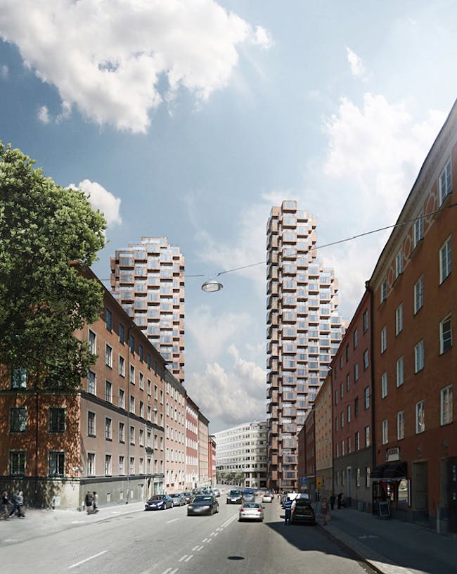 Rendering of OMA's proposed twin skyscrapers for Stockholm (Image: OMA)