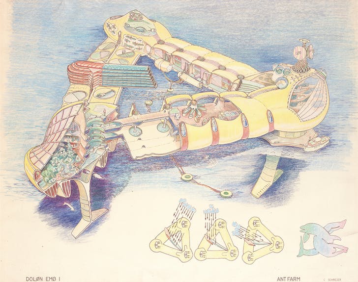 Ant Farm’s original Dolphin Embassy, conceived for the 1973 exhibition 2020 Vision (Contemporary Arts Museum Houston), also referred to as the ‘RV John Lilly’ to distinguish it from later iterations. Ant Farm, DOLON EMB 1 (Drawing by Curtis Schreier). 1975, hand colored brownline, 18x22 in...