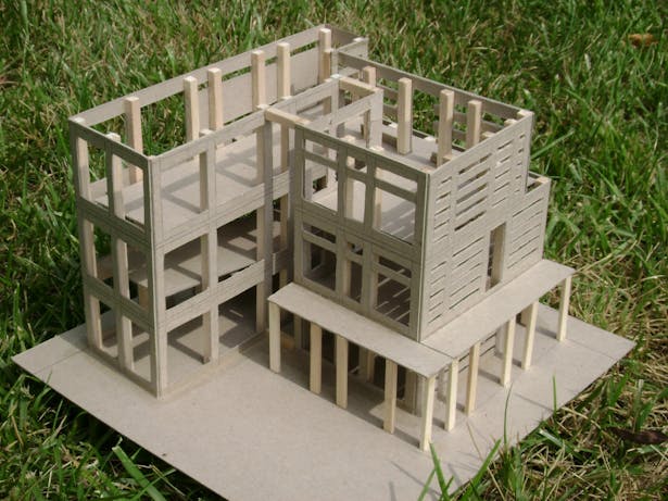An exterior shot of the cabin like structure created. Each side had a different pattern that varied the amount of light that could pass through. 