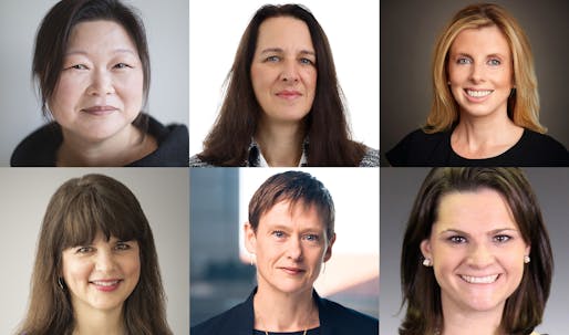 Clockwise from top left: J. Meejin Yoon, Judy Kessler, Adrienne Hepler, Brennan Gilbane Koch, Fiona Cousins, and Elaine Molinar. Image courtesy of The Beverly Willis Architecture Foundation. 