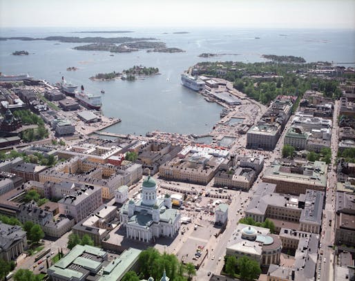 Helsinki's South Harbor seen from the North with the competition site on the right hand. Image via nexthelsinki.org