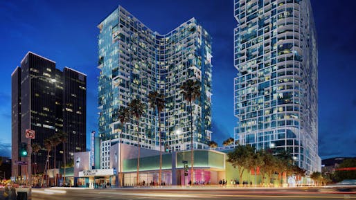 Renderings of the Palladium Residences, proposed towers for Hollywood. A contentious battle is taking place between those who argue for higher density construction and others worry about changes to the existing morphology of the city. Credit: Stanley Saitowitz / Natoma Architects