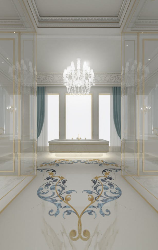 The bathroom inspiration is simple yet sophisticated, glamorous and timeless in style. A radiant White Calacatta flooring complemented by Yellow Siena marble and Azul blue precious stones crafted in captivating classic design pattern graces the room and makes it impressively elegant and luxurious. The soft colour palette as prominent in the walls and drapes conceive an inviting, refreshing and feel-good atmosphere. Surround with glass panels in brass frame, and furnish with stunning...