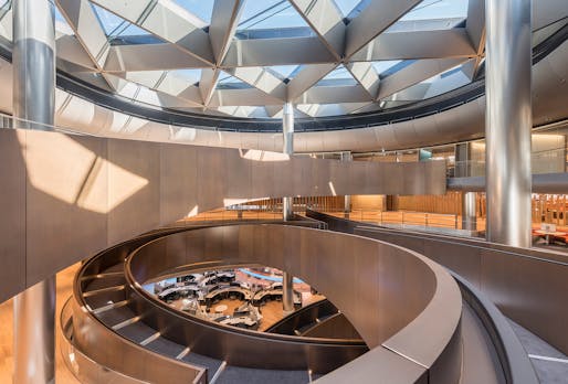 Interior central roof light above the ramp. Photo: Nigel Young, Foster + Partners.