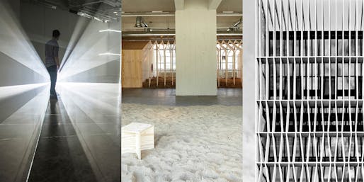Finalists work (left to right): Quynh Vantu: Variable Measure, installation, 2014, Photo: Ben Premeaux; Malkit Shoshan: Zoo, or the Letter Z, just after Zionism, exhibition, 2011, Photo: Johannes Schwarz; Erik L'Heureux: design of a factory building facade in Singapore, 2009–12, Photo: Kenneth Choo.