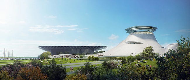 North View: Earth, stone and sky merge seamlessly in the innovative design of the Lucas Museum. Image courtesy Lucas Museum of Narrative Art