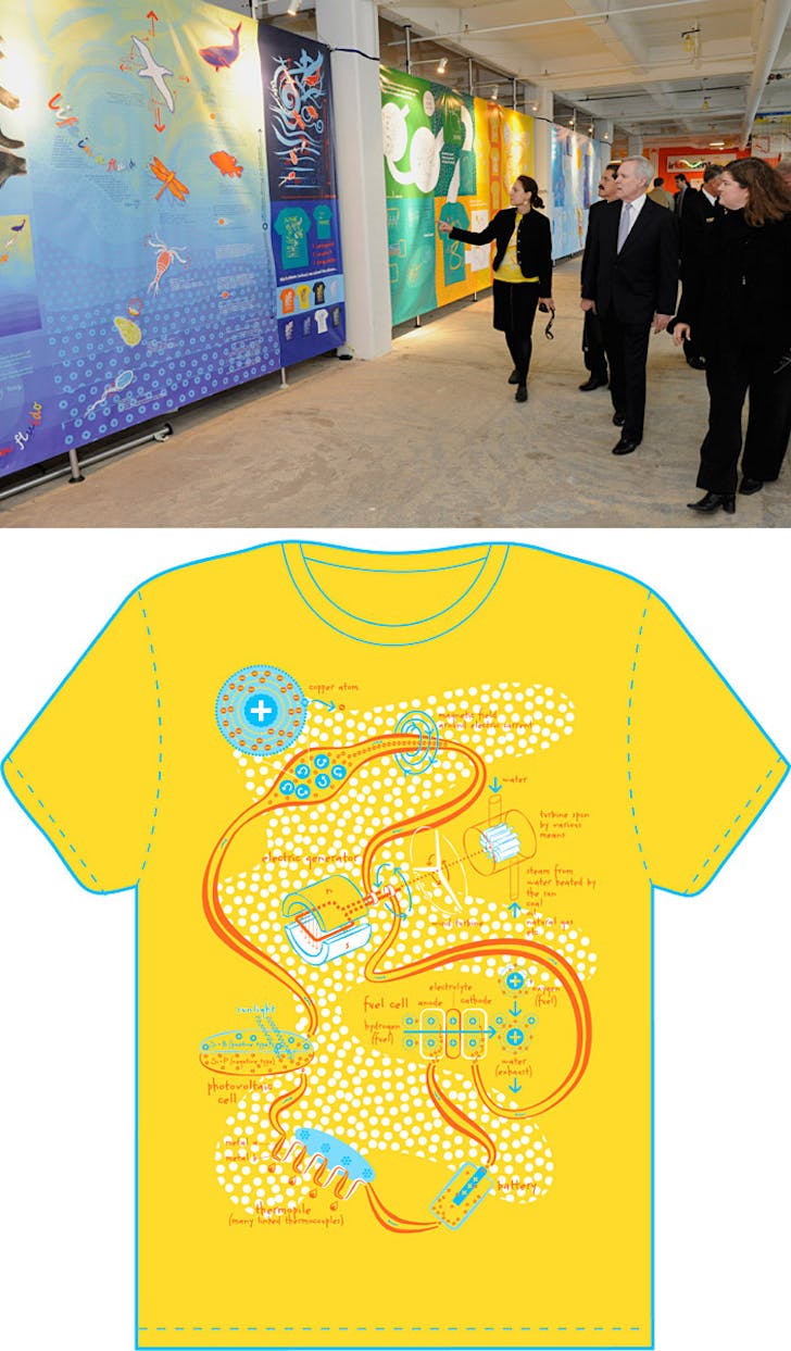 Children’s Science Illustrations: The Process & the Result. Top: Exhibit on the process with the US Secretary of the Navy Ray Mabus, NY Congressman Jose Serrano, and ONR Admiral Nevin P. Carr, at Iridescent-ONR Science Studios NYC (2010, Photo by John F. Williams). Bottom: Electricity T-shirt...