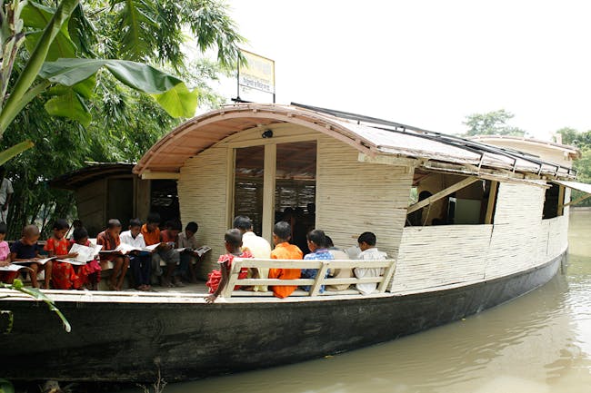 Floating Community Lifeboats: Architect: Mohammed Rezwan (Bangladesh). Implemented by Shidhulai Swanirvar Sangstha on the Atrai, Barnoi, Gurnoi, Nandhakuja, Gumani, and Boral Rivers in Natore, Pabna, and Sirajganj districts, Bangladesh, 2002-present. Sal wood and other woods, plywood, bamboo, angle iron, iron sheet, flat bar. Photo: © Abir Abdullah/Shidhulai Swanirvar Sangstha 