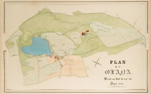 An 1886 master plan for Olana in ink and watercolor on paper. A tiny red square marked “summer house” suggests that he envisioned an open-air structure at a central spot on the site. Credit Collection, Olana State Historic Site