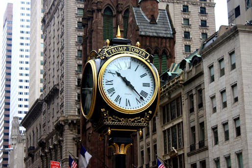 The Electric Time Company clock in front of Trump Tower on Fifth Avenue. According to The New York Times, 'Neither the Trump Organization nor the city could confirm whether the $300 annual fee for clock’s setting had been paid.' Image by Michel Riallant via flickr.