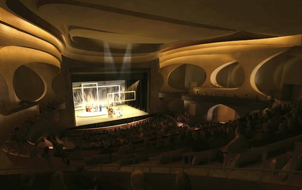 View from the auditorium towards the stage inside the Main Theatre