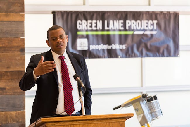  U.S. Secretary of Transportation Anthony Foxx welcomes the six new Green Lane Project cities at a kickoff in Indianapolis today. Photo credit: PeopleForBikes Green Lane Project