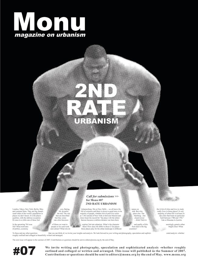 Fat Provocation: MONU calls for contributions of its 7th issue presenting the obliterating contrast of a sumo wrestler against a kid. The issue was released during the summer of 2007. Urbanism has never before been so heavy. Poster © MONU