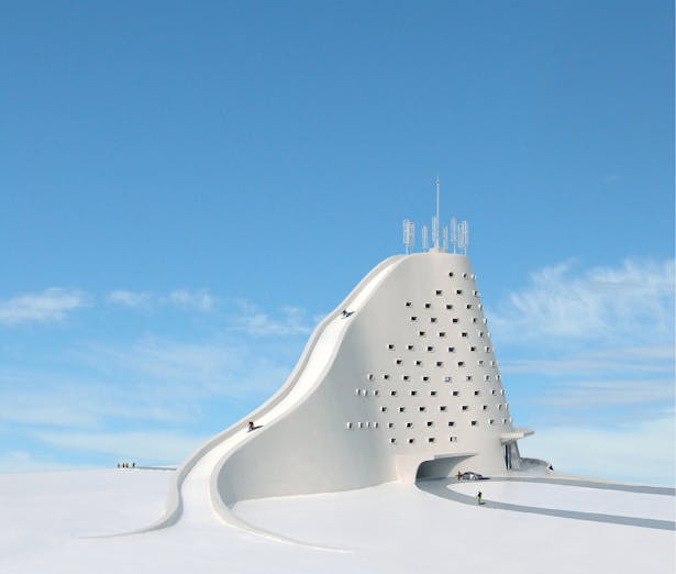 The North Slope Ski Hotel, a hotel powered by the sun and by the wind with a ski slope built into the structure.