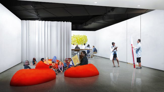 Rendering of Staten Island Arts' Culture Lounge, a 2,500 sq.ft creative space for the high-trafficked Staten Island Ferry Terminal. Image via Culture Lounge Kickstarter page.