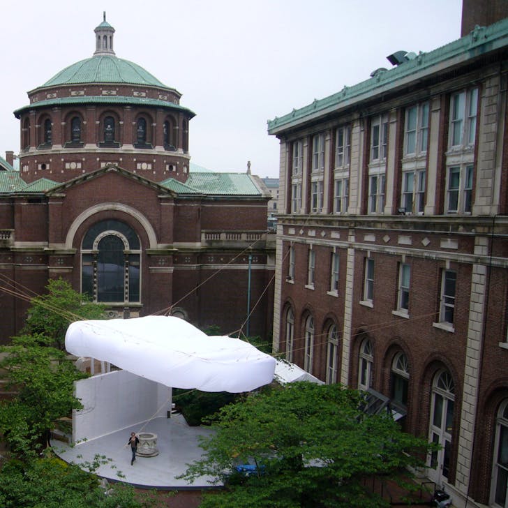 BOB, an inflatable cloud above a public bathroom and forum, the result of a pedagogical experiment involving graduate art and architecture students at Columbia University