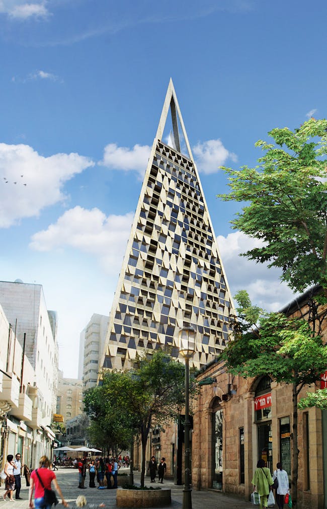 Rendering of the planned The Pyramid tower in Jerusalem, designed by Daniel Libeskind and Yigal Levi. (Copyright: Vingtsix; Image courtesy of Studio Daniel Libeskind)
