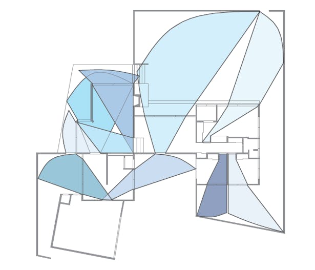  A diagram displaying the views outside when traveling through doorways. This showed the large amount of glass present in the house, and also blurred the line between indoors and out. This interaction with nature contributed to the thesis of the Case Study House. 