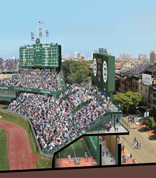 A Cubs rendering of proposed changes to Wrigley Field shows a large sign in right field — one of seven planned — and bullpens beneath the bleachers. Credit Chicago Cubs