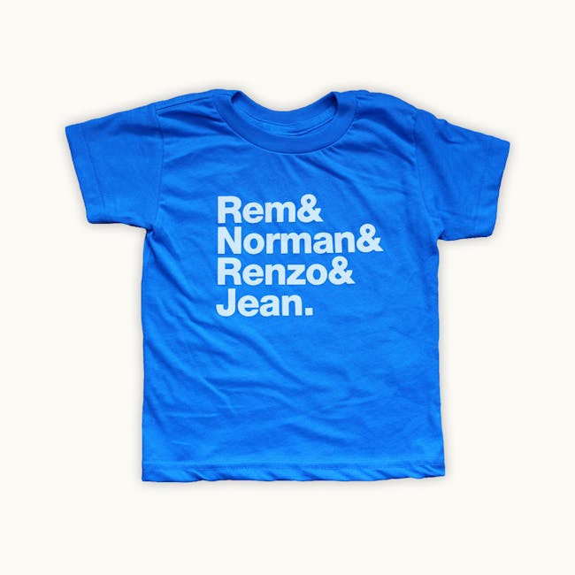 REM & NORMAN & RENZO & JEAN kids t-shirt by Tiny Modernism. Available in kids sizes 2T, 4T and 6.