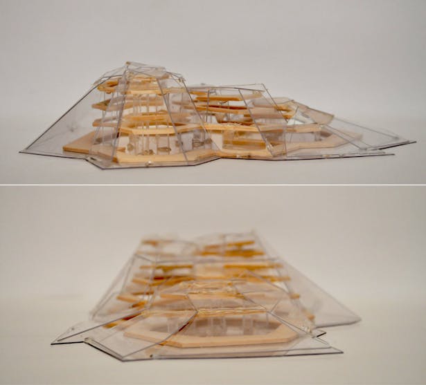 LA River Housing Project (2012) // plexiglass, bass wood // Done in UCLA A.UD summer class, I was given a project to create a house in the Los Angeles River. The house is in an undulating form similar to hills with each peak of the house is at different levels so that depending on the level of the water different parts of the house would be revealed.