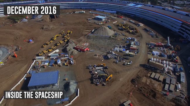 Still from the latest drone construction video of Apple's 'Spaceship Campus' in Cupertino. (Image: Matthew Roberts on YouTube)