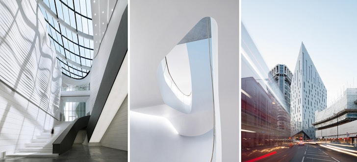 Left to Right: Museum of Contemporary Art (MOCA) Yinchuan, China, by waa (we architech anonymous). Investcorp Building, Oxford, UK, by Zaha Hadid Architects. M by Montcalm Shoreditch, London, by By Squire & Partners and 5plus architects. Images © NAARO