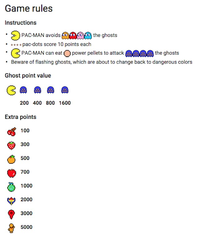 Screenshot of rules for PAC-MAN on Google Maps.