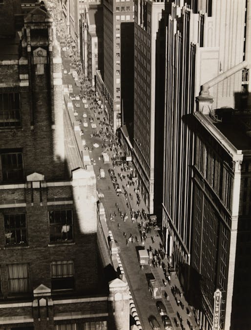 Seventh Avenue in Manhattan looking north from 35th Street, Berenice Abbott, 1935. (Image: Museum of the City of New York)