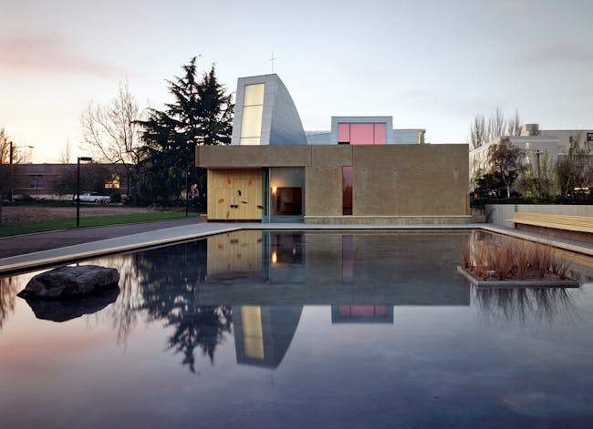 Chapel of St. Ignatius, Seattle, Washington, USA, 1994-1997; view from reflecting pond, 1997. Photo credit: © Paul Warchol. Reprinted from Steven Holl (Phaidon, 2015).