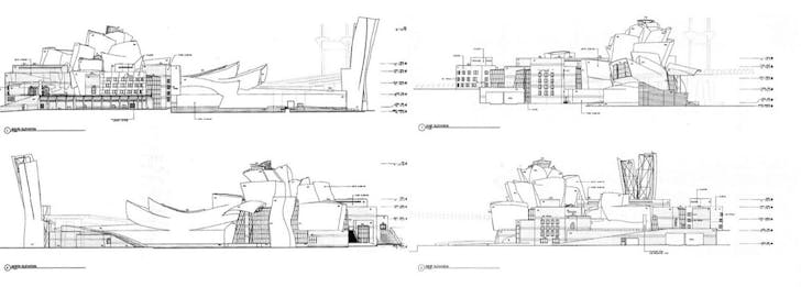 Figure 10 - Guggenheim Museum in Bilbao Elevations. Clockwise from top left: South, East, West, and North