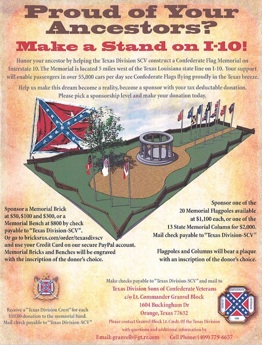 Fundraising poster for a Confederate Flag Memorial in the city of Orange, East Texas. (Image: Texas Division Sons of Confederate Veterans; via citylab.org)