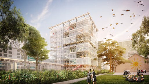 Stacked mezzanines, outdoor learning terraces, and butterflies aplenty: rendering of Grimshaw and BVN's high-rise educational facility in Parramatta, Australia. Image courtesy Grimshaw + BVN.