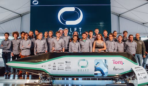 The TU Delft Hyperloop team during a public unveiling of their competition pod last June in The Netherlands. Photo: Joost Weddepohl.
