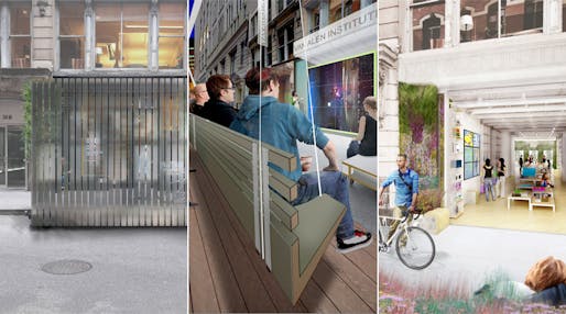 Collage of the three finalist designs by Collective-LOK, EFGH, and Of Possible Architectures (from left to right)